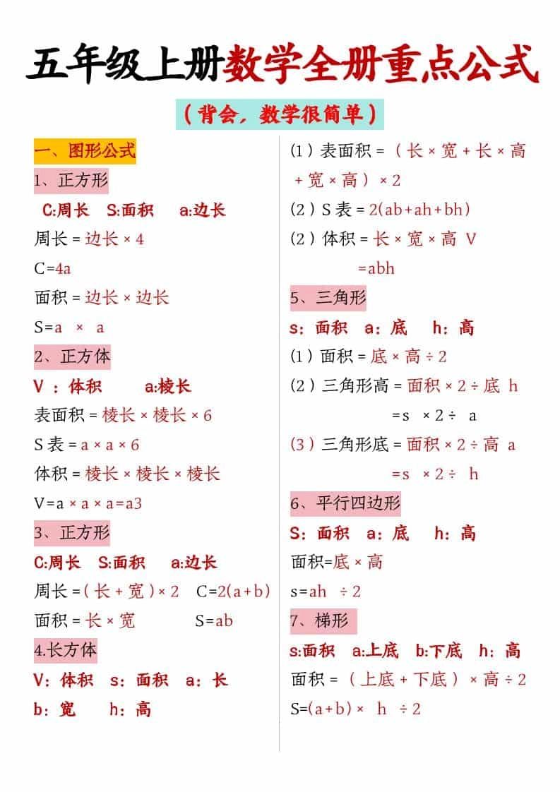 五年级上数学全册重点公式-倾慕网