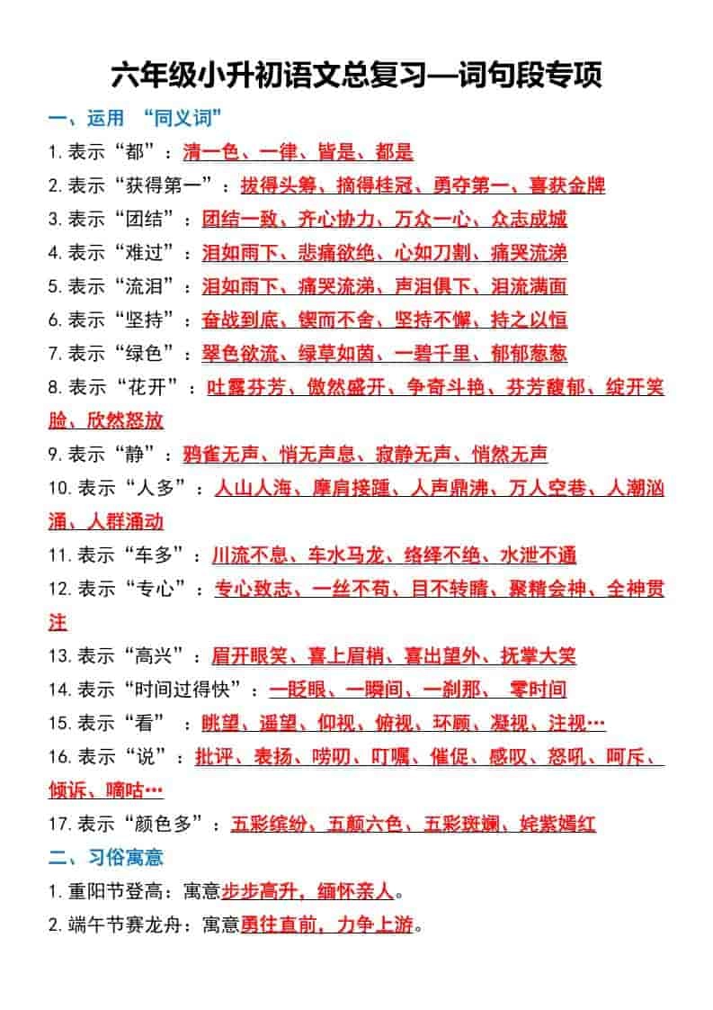 六年级下语文总复习—词句段专项-倾慕网