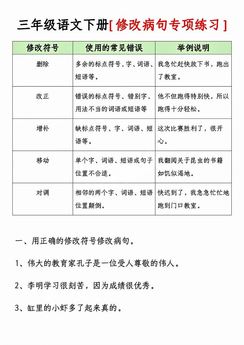 三年级下语文修改病句专项练习-附答