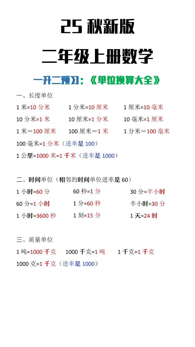 【2025秋新版】二年级上册数学单位换算大全-倾慕网
