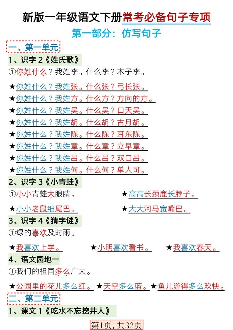 【句子专项】新版一年级语文下册常考必备句子专项(1)