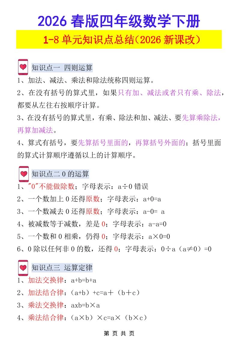 2026春新版四年级下数学1-8单元知识点总结《人教版》-倾慕网