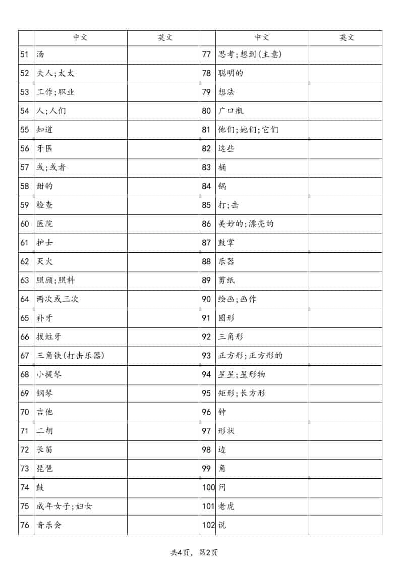 四年级下英语单词默写表《沪教版》