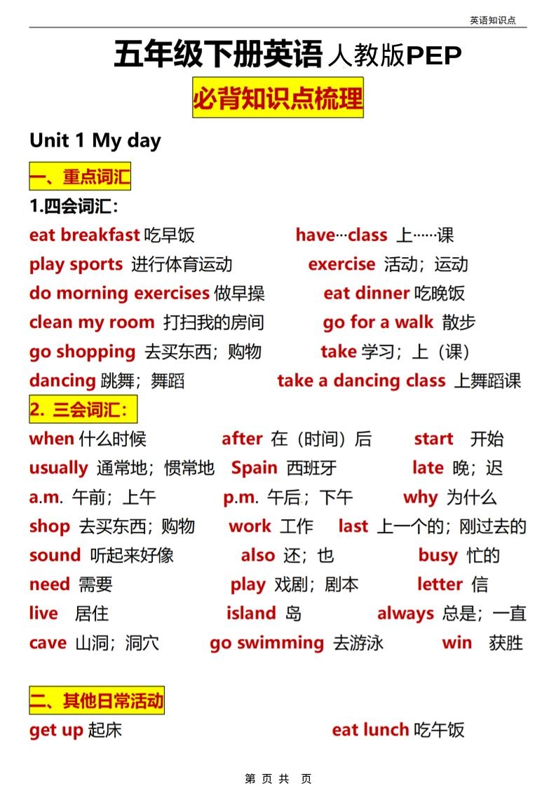 五年级(下）英语全册知识点汇总《人教版PEP》-倾慕网