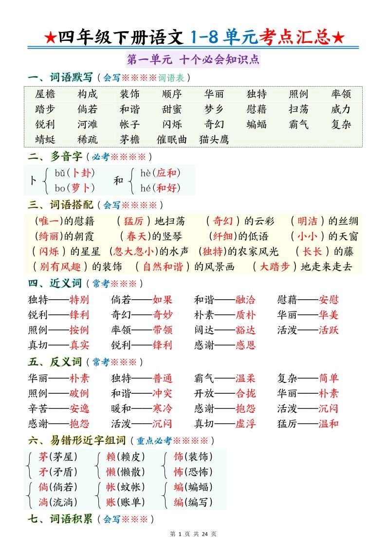 四下语文期末1-8单元十大考点必背-倾慕网