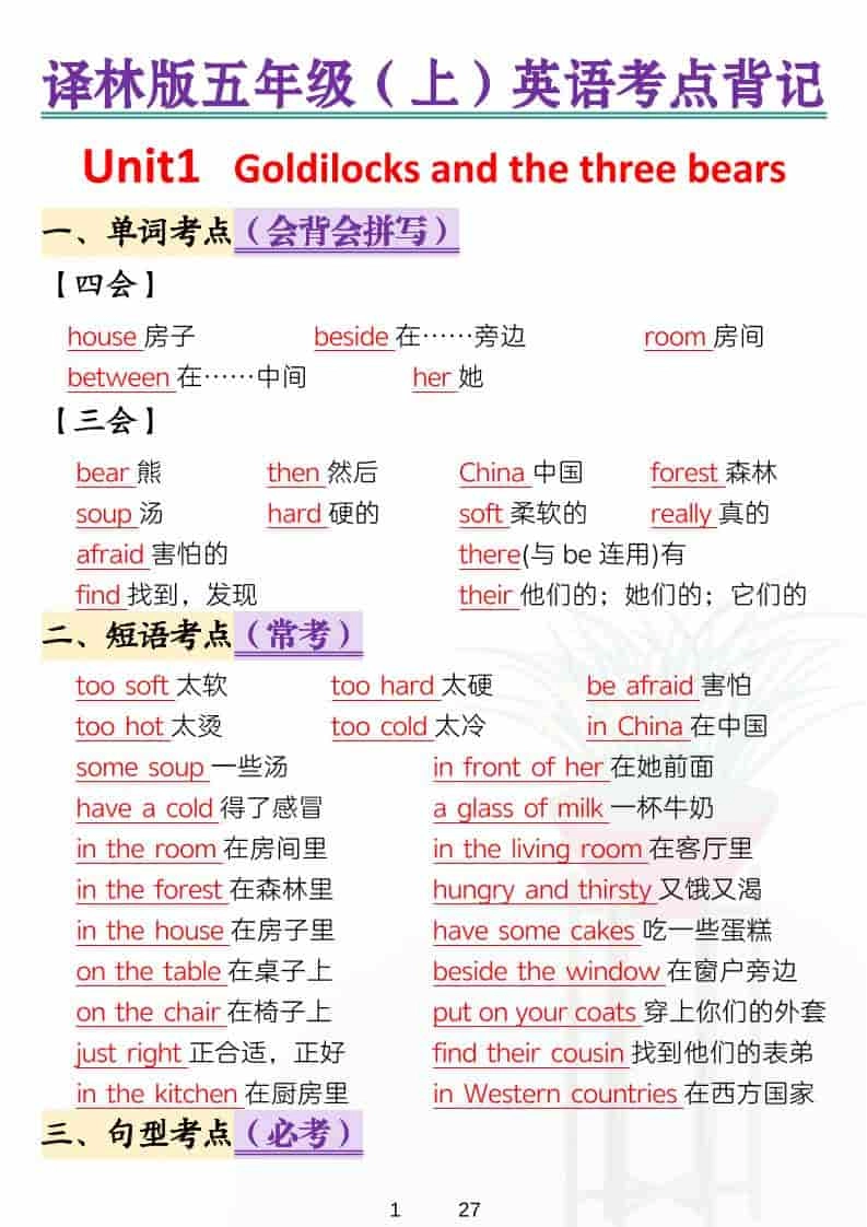 五年级上英语考点背记《译林版》-倾慕网