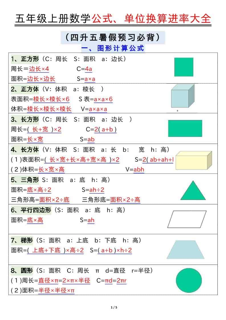 五年级上数学公式、单位换算进率大全-倾慕网
