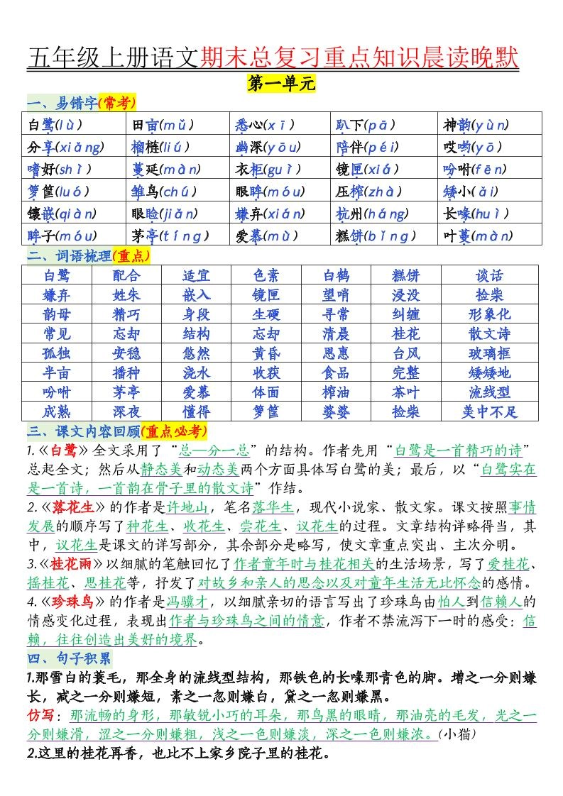 五年级上册语文1-8单元知识点汇总16页-倾慕网