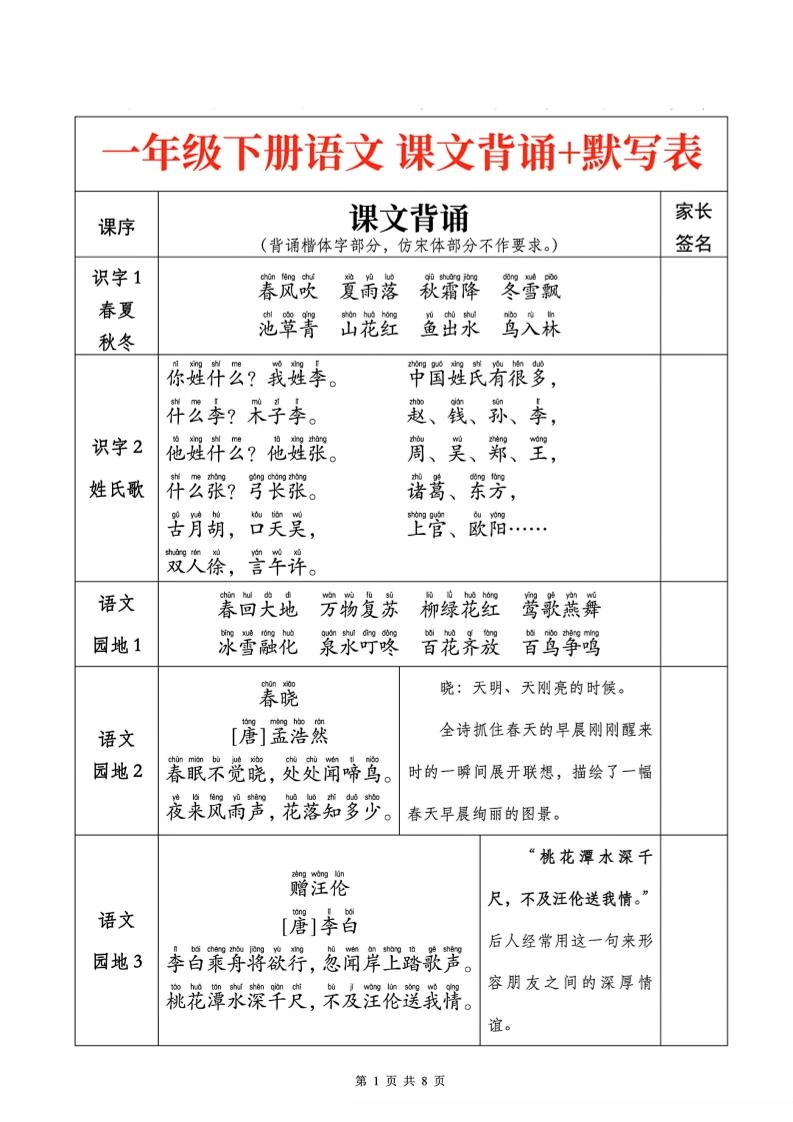 一下语文课文背诵+默写表-倾慕网