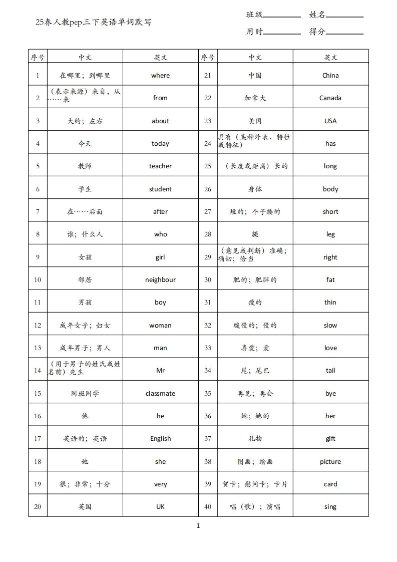25春人教pep三下英语单词背诵表（3页）-倾慕网
