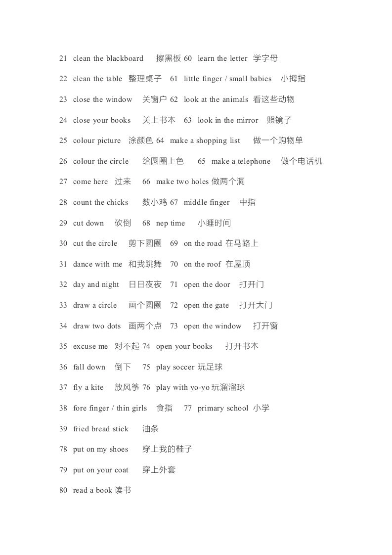 二年级英语上册单词表（人教版一起点）