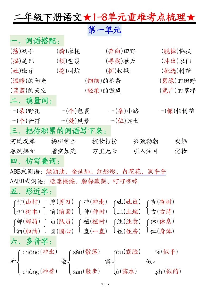 二下语文期末复习1-8单元重难考点梳理总结（17页）-倾慕网