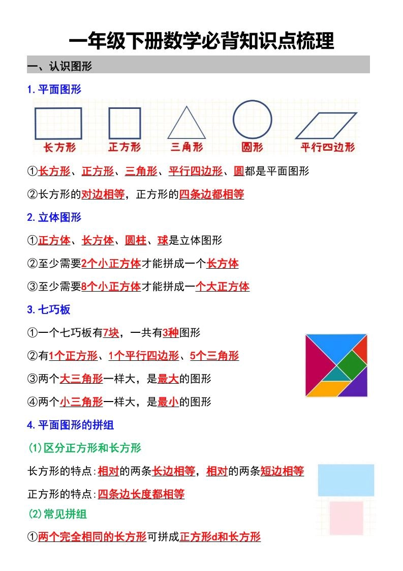 一年级下数学必背知识点梳理-倾慕网