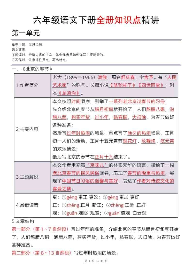 六年级下语文全册知识点精讲33页-倾慕网