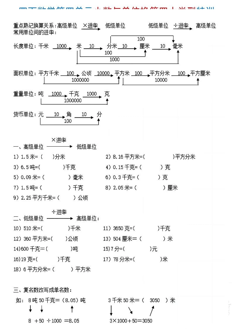 四下《数学小数与单位换算四大类型特训》4页-倾慕网