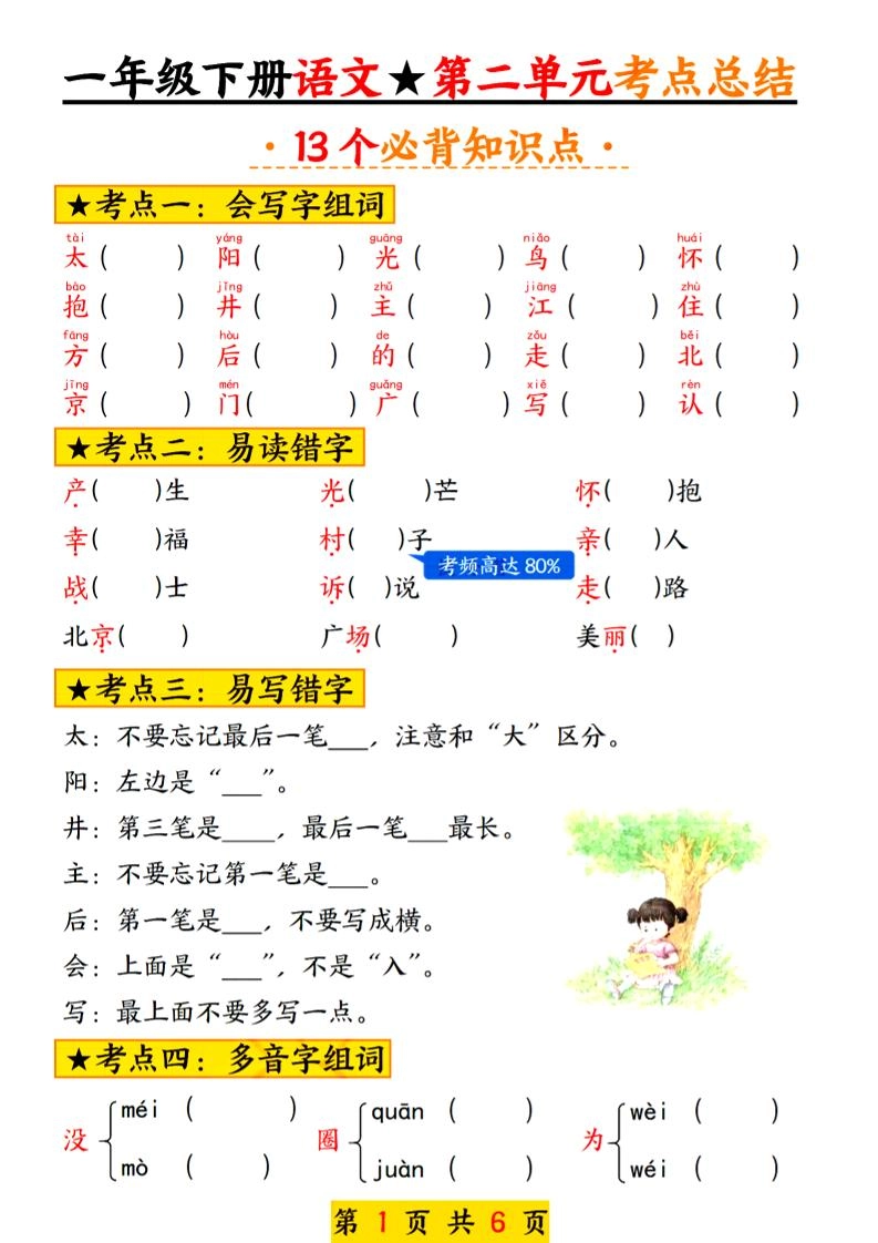 2025新版一年级语文下册第二单元考点总结13个必背