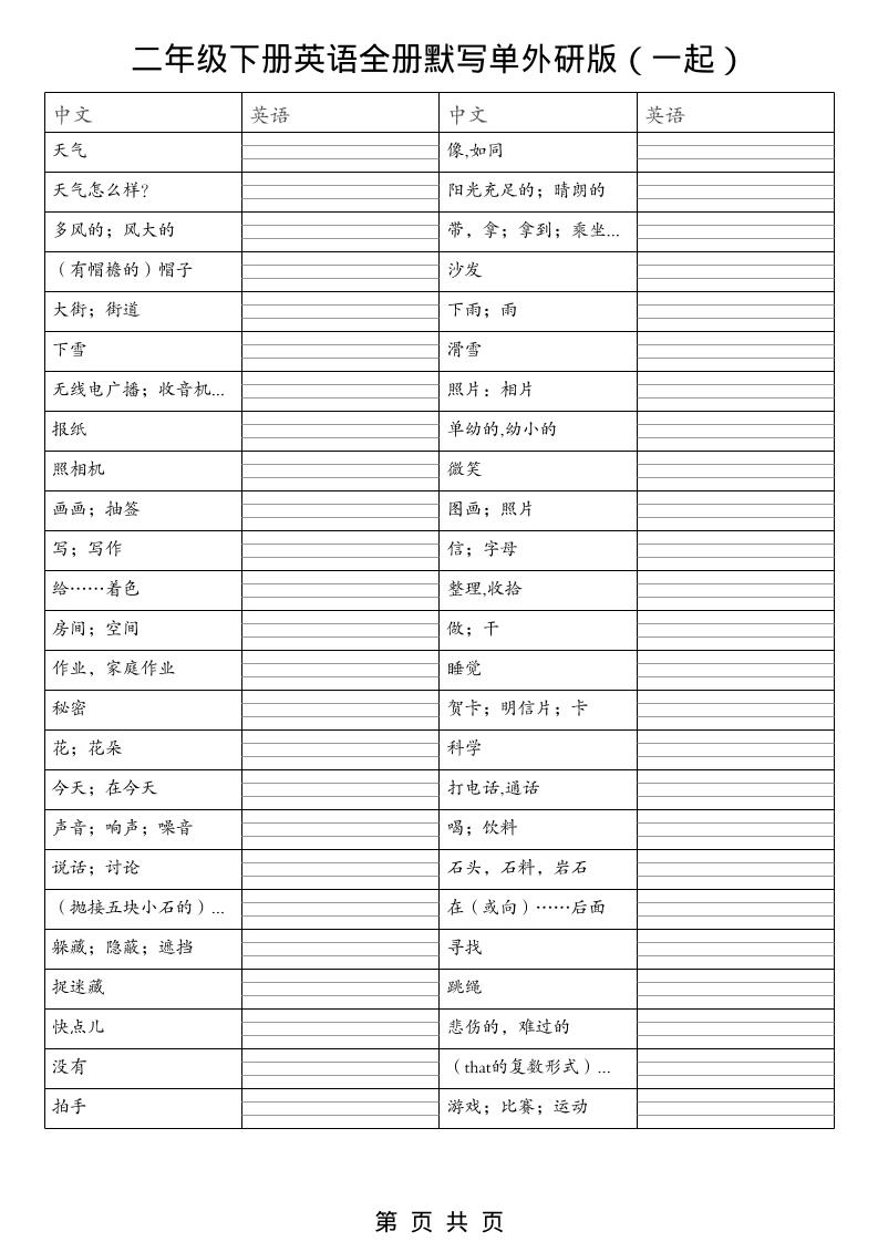 二年级下英语全册默写单（看中写英）《外研版（一起）》-倾慕网