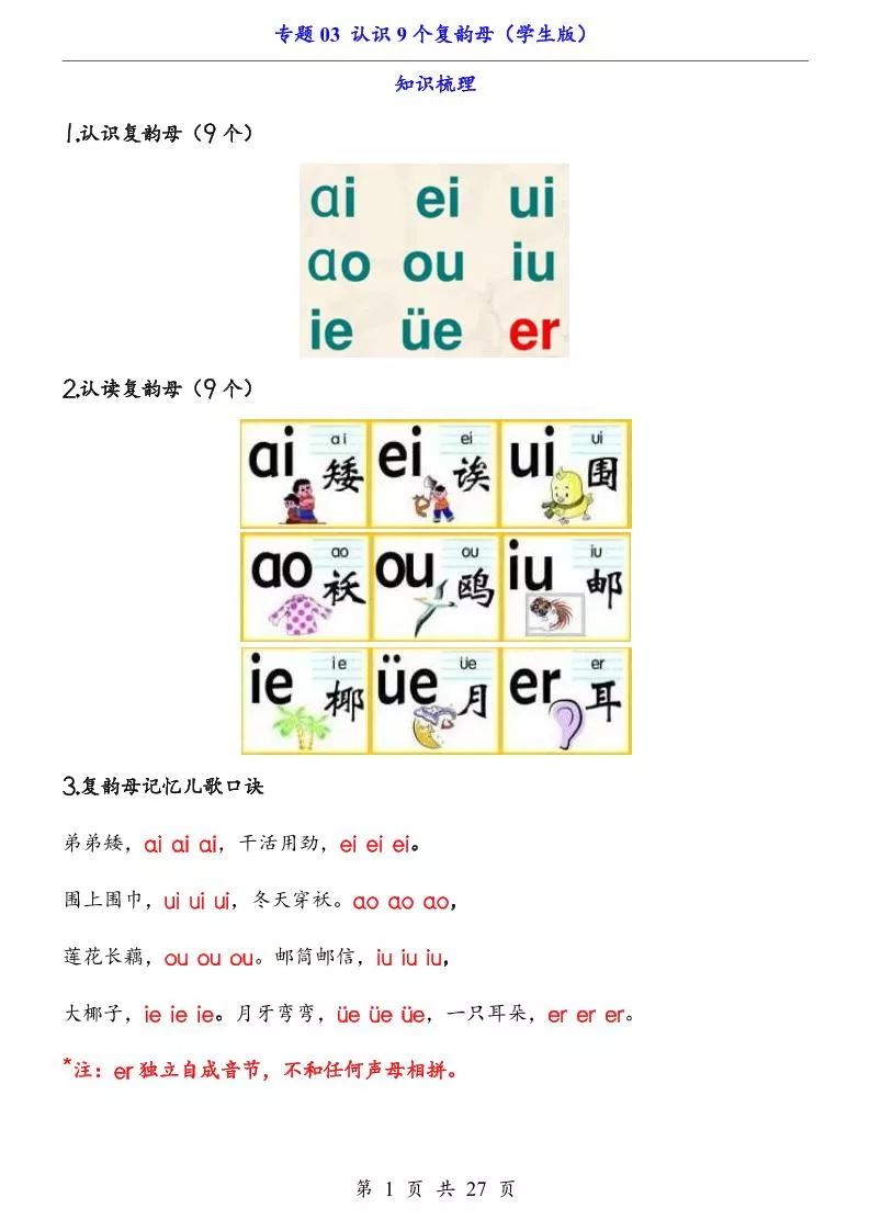 一上语文-专题03认识9个复韵母（知识+训练）