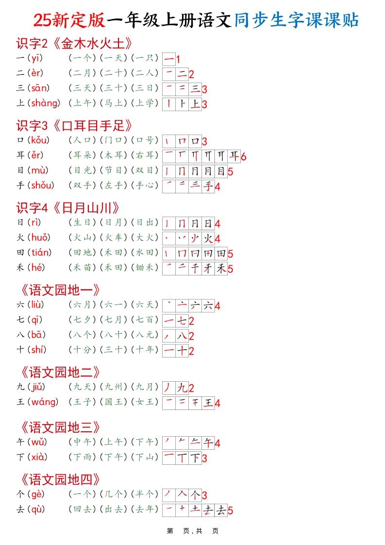 一年级上语文25最新版同步生字课课贴