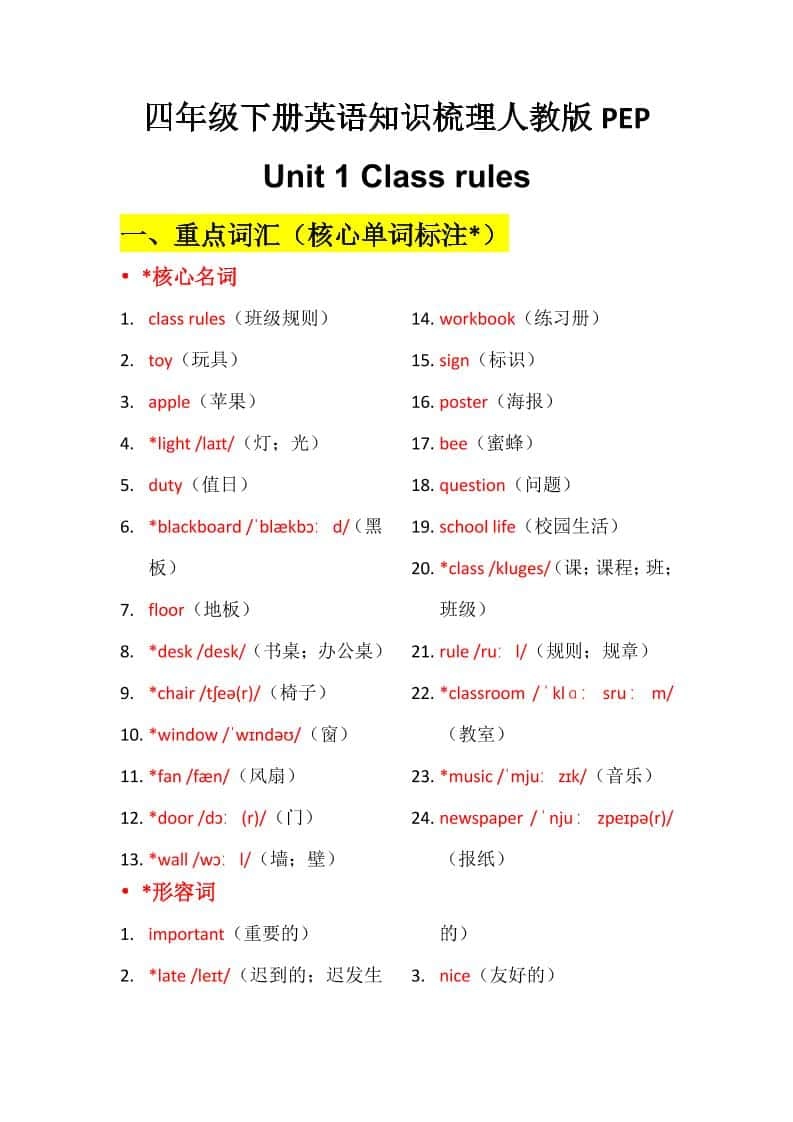 四年级下英语Unit1知识梳理+默写单《人教版PEP》-倾慕网