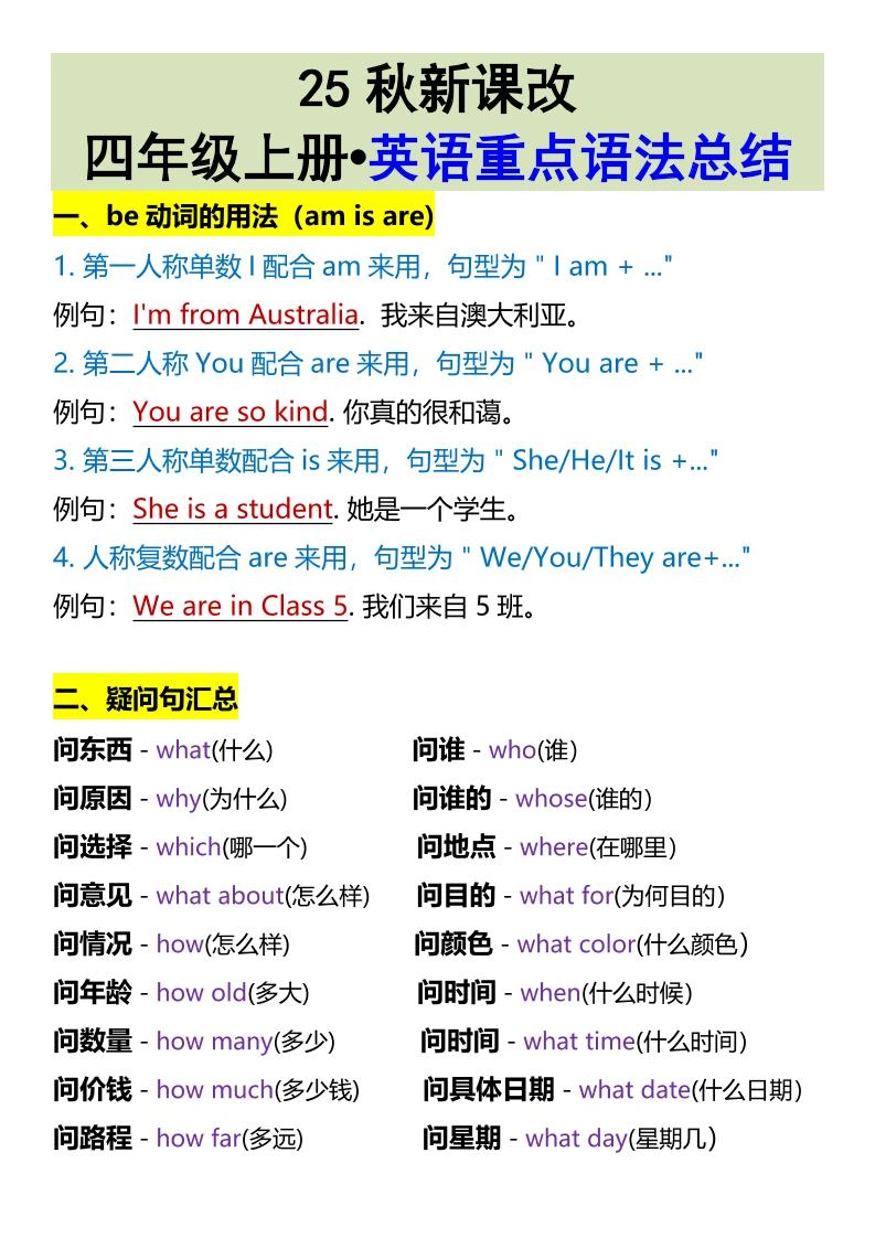 【2025秋新版】四年级上册•英语重点语法总结-倾慕网