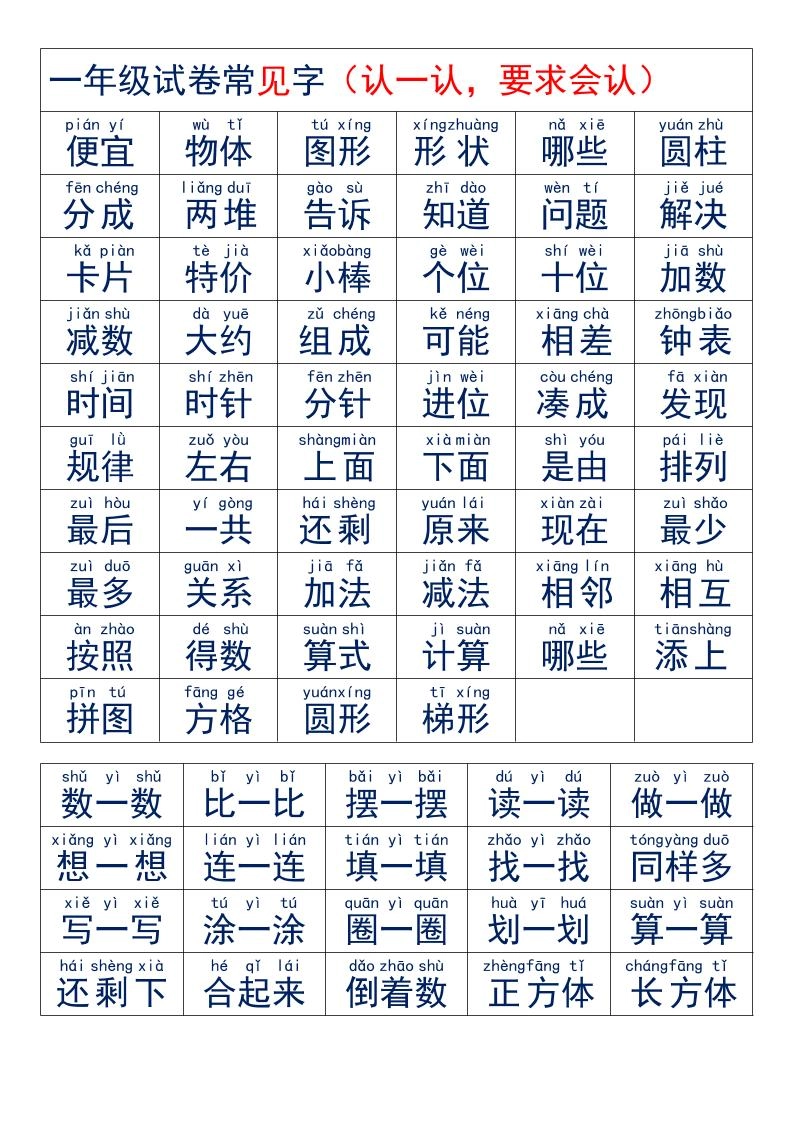 一年级上语文试卷必认字-倾慕教程合集