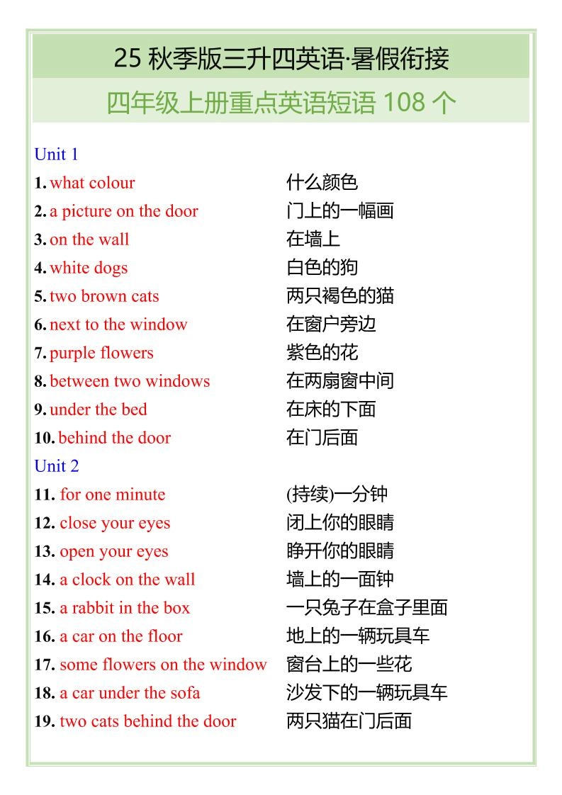 【2025秋新版】四年级上册重点英语短语汇总-倾慕网