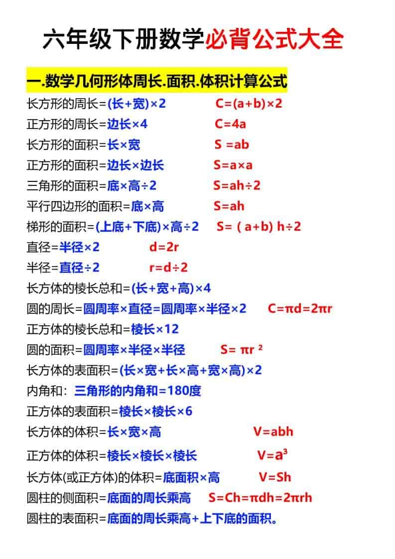六年级下数学必背公式汇总-倾慕网