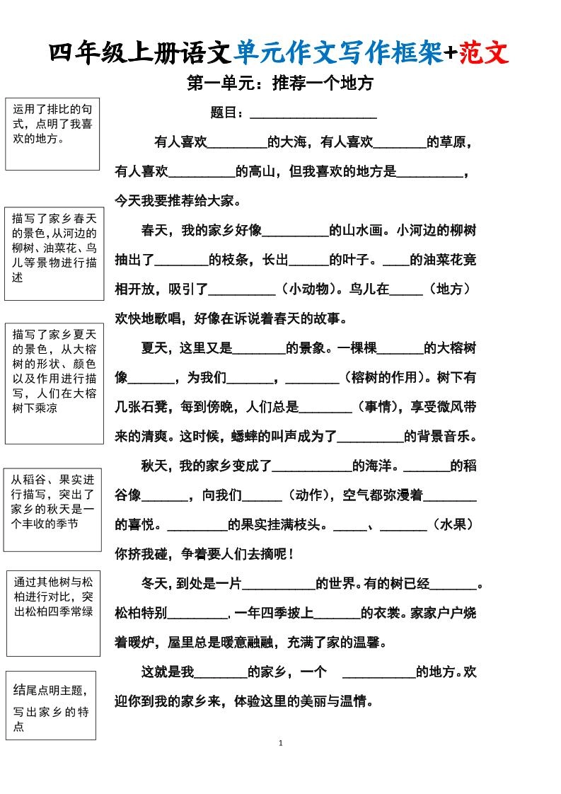 四上语文1-8单元作文写作框架+范文34页