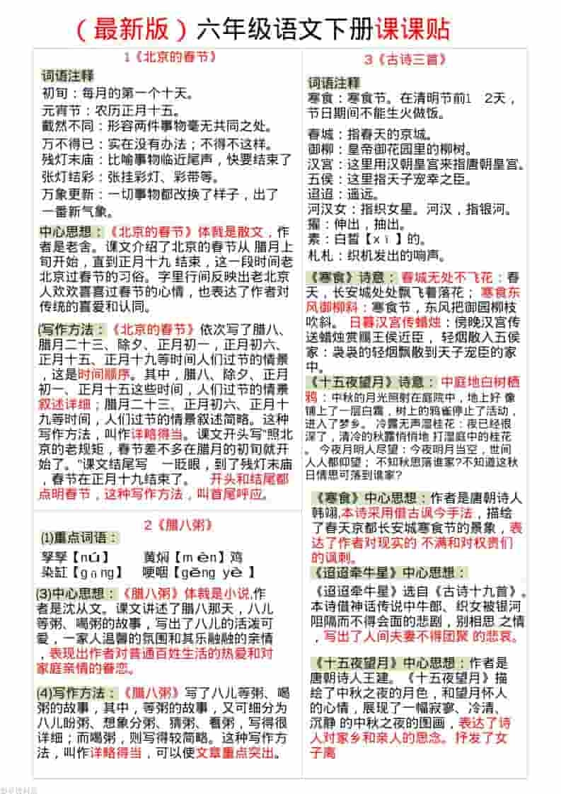 六年级下语文全册最新课课贴-倾慕网