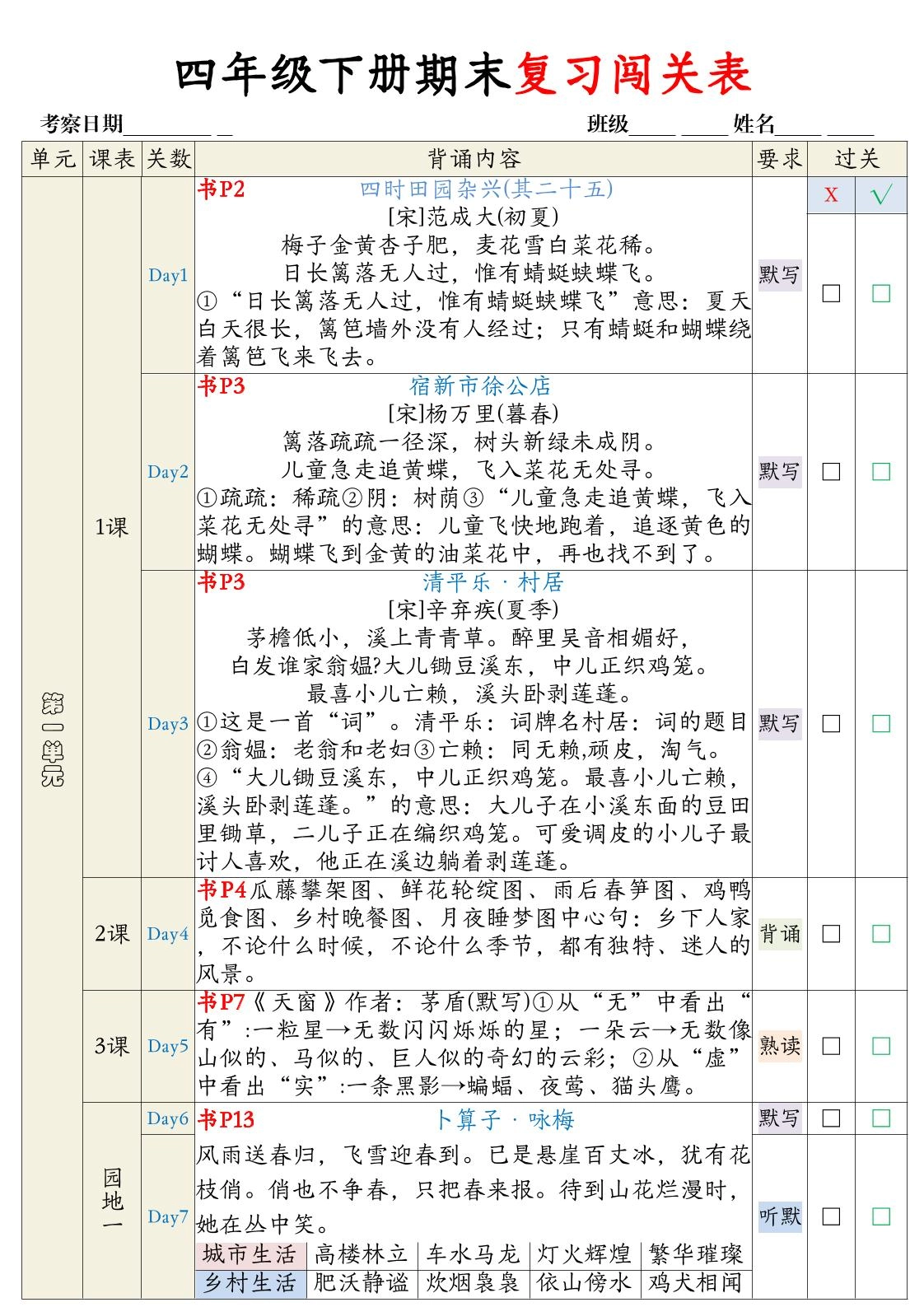 【期末复习背诵闯关表】四下语文-倾慕网