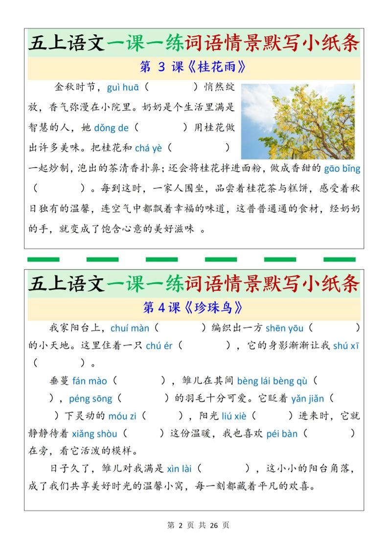 五上语文一课一练词语情景默写小纸条（含答案26页）