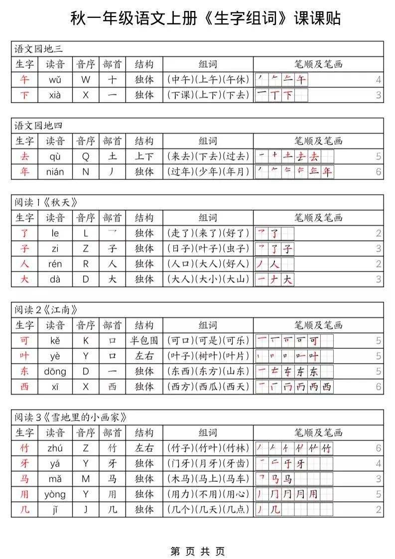 一年级上册语文《生字组词课课贴》（25秋）-倾慕网