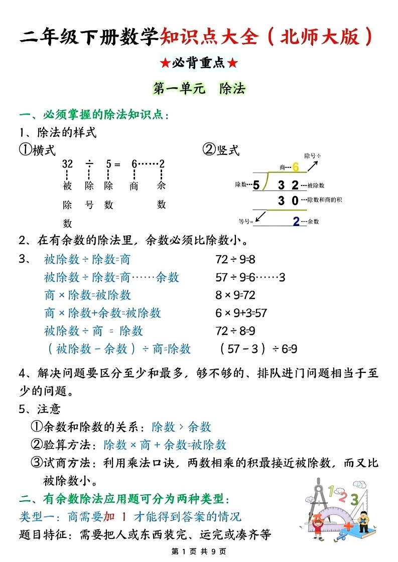 二年级下数学知识点大全《北师版》-倾慕网