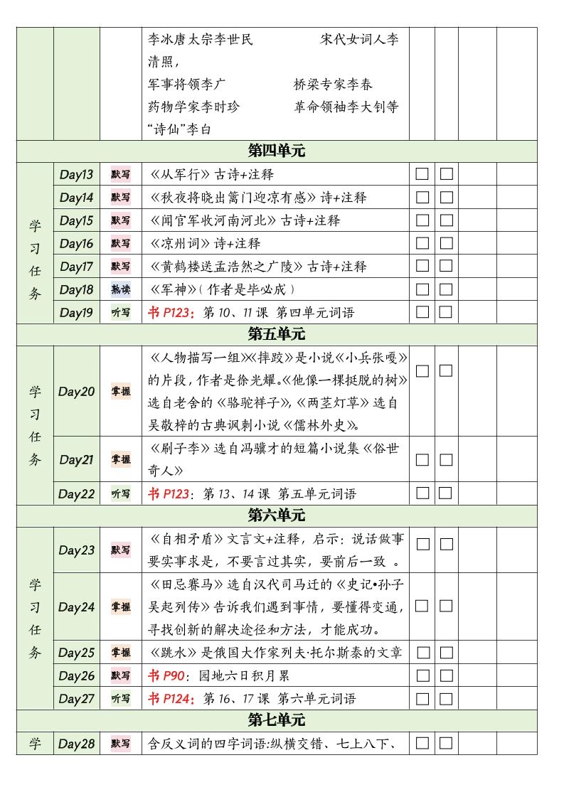 五下语文期末复习单