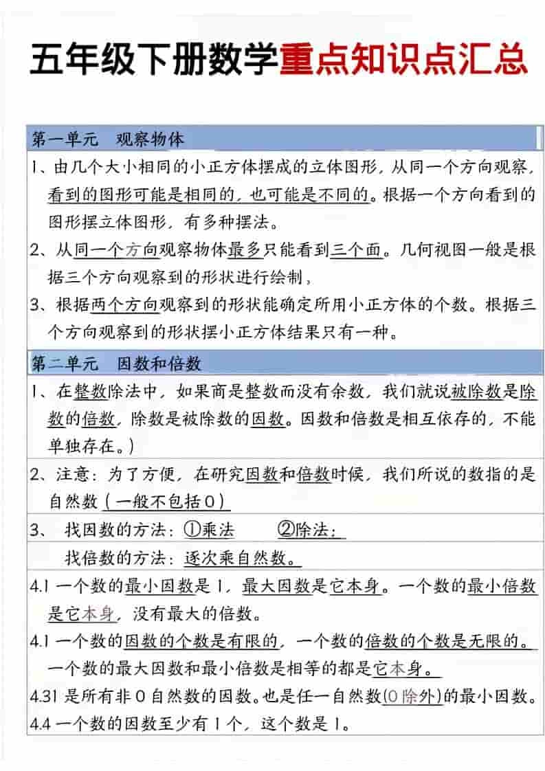 五年级下数学重点知识点汇总-倾慕网