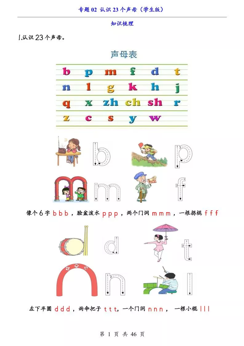 一上语文-专题02认识23个声母（知识+训练）