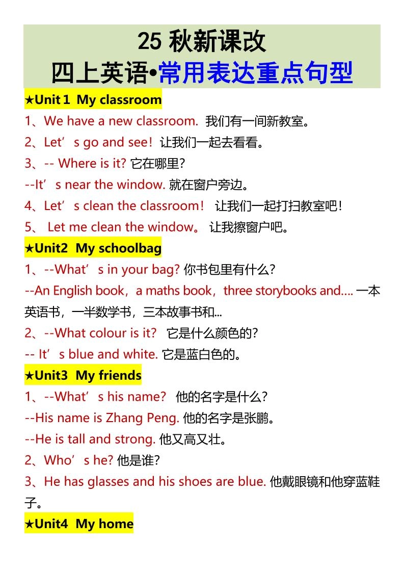 【2025秋新版】四上英语•常用表达重点句型-倾慕网