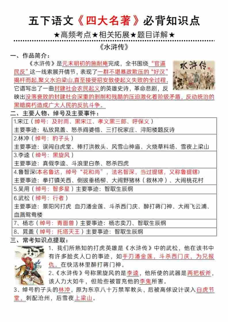 五年级下语文《四大名著》必背知识点-倾慕网