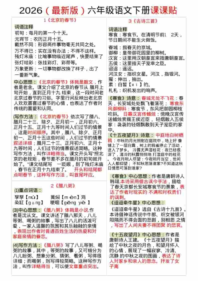 六年级下语文全册课课贴-倾慕网